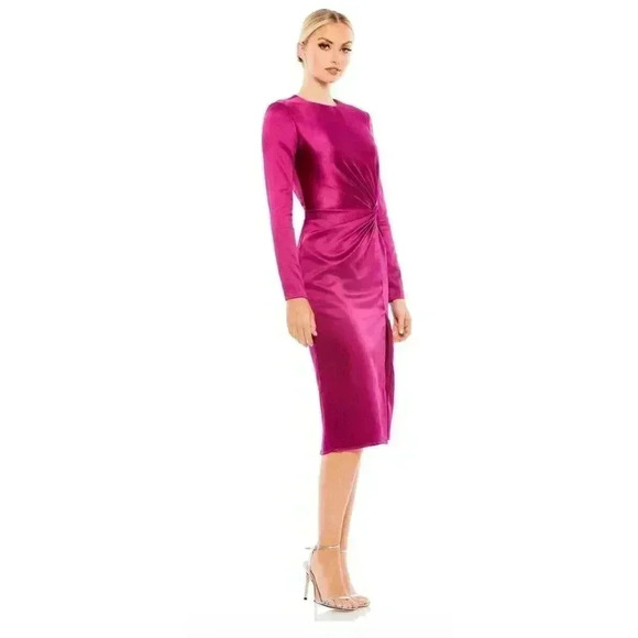 New Ieena Mac Duggal Magenta Side Twist Long Sleeve Satin Sheath Dress Size 6 - Picture 2 of 11